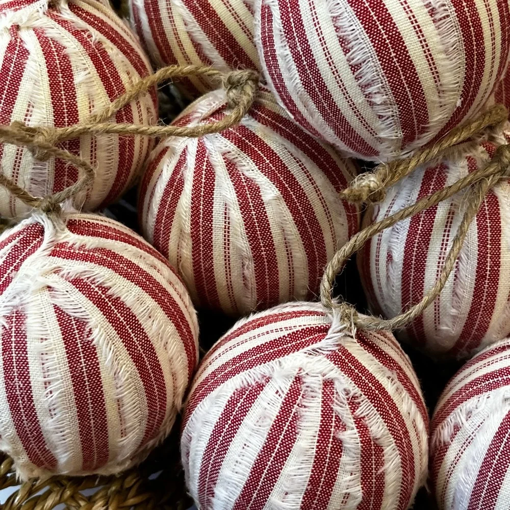 10 Primitive red stripe Fabric RAG BALLS Christmas Ornaments farmhouse decor